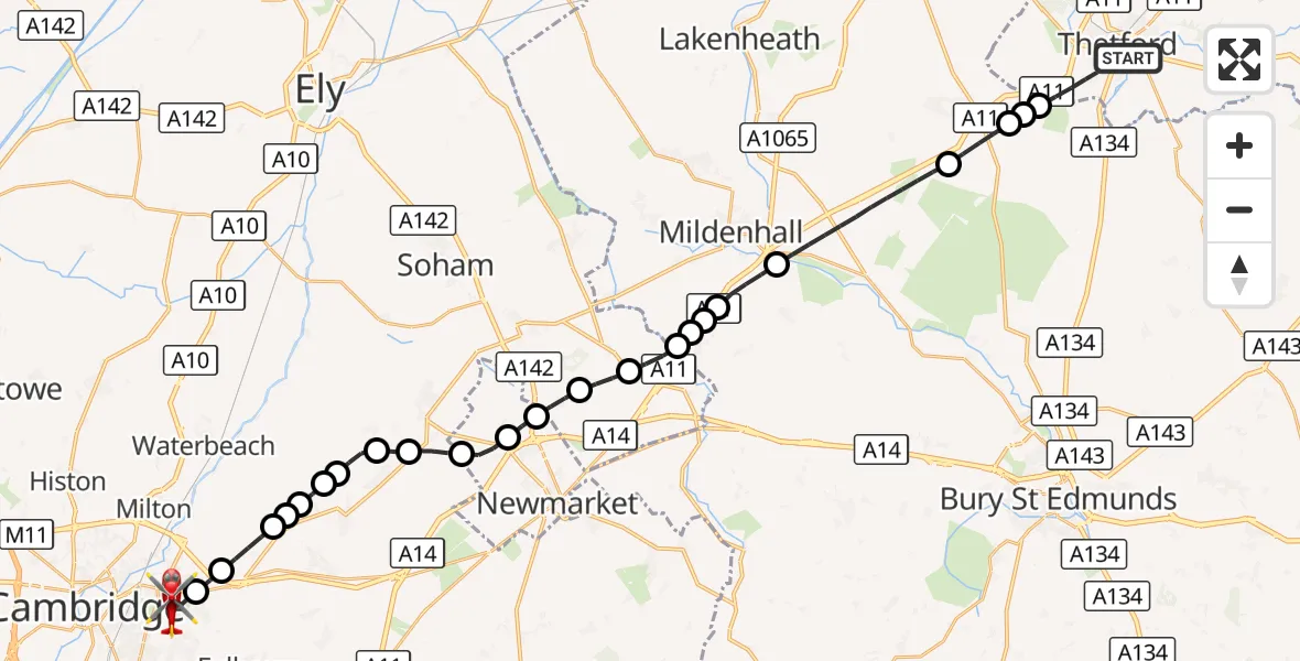 Flight route Air Ambulance Helicopter Thetford - Cambridge City Airport, 02 September 2026, 18:35