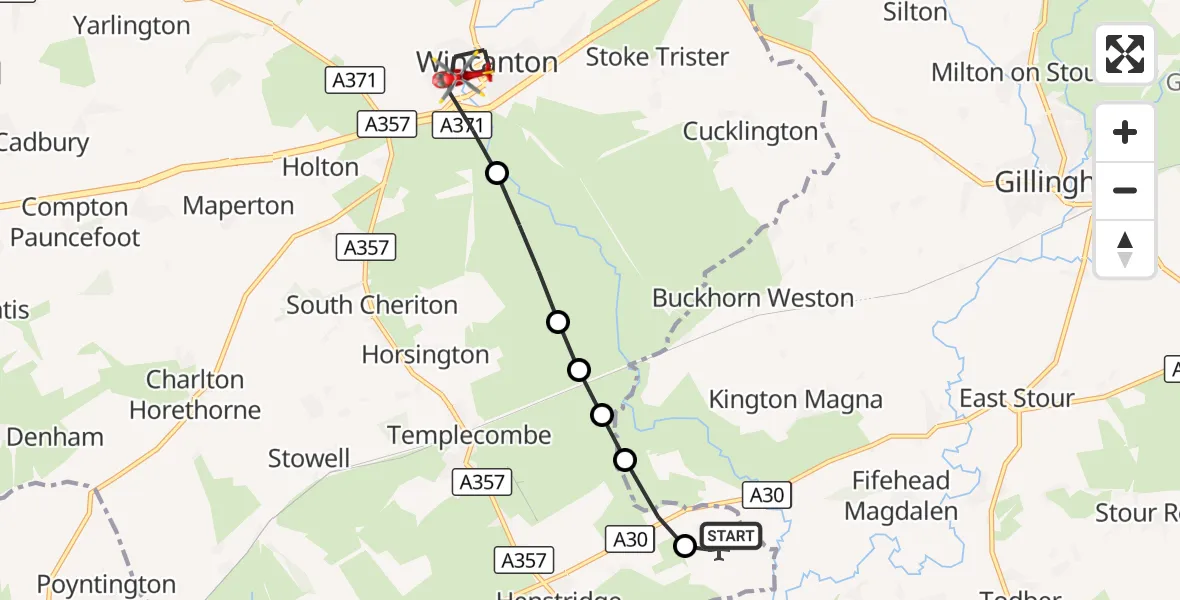 Flight route Air Ambulance Helicopter Henstridge Airfield - Wincanton, 02 September 2026, 18:38