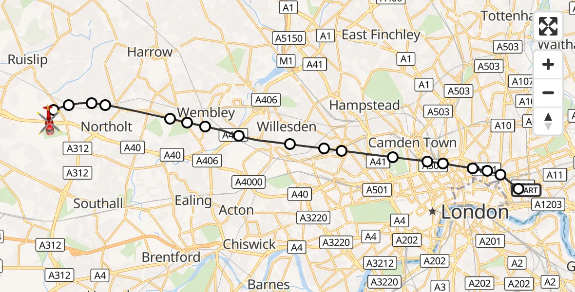 Flight route Air Ambulance Helicopter Royal London Hospital - RAF Northolt, 02 September 2026, 18:45