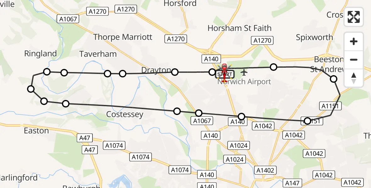 Flight route Air Ambulance Helicopter Norwich Airport - Norwich Airport, 02 September 2026, 19:25