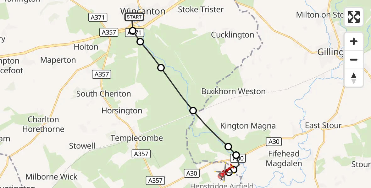 Flight route Air Ambulance Helicopter Wincanton - Henstridge Airfield, 02 September 2026, 19:34