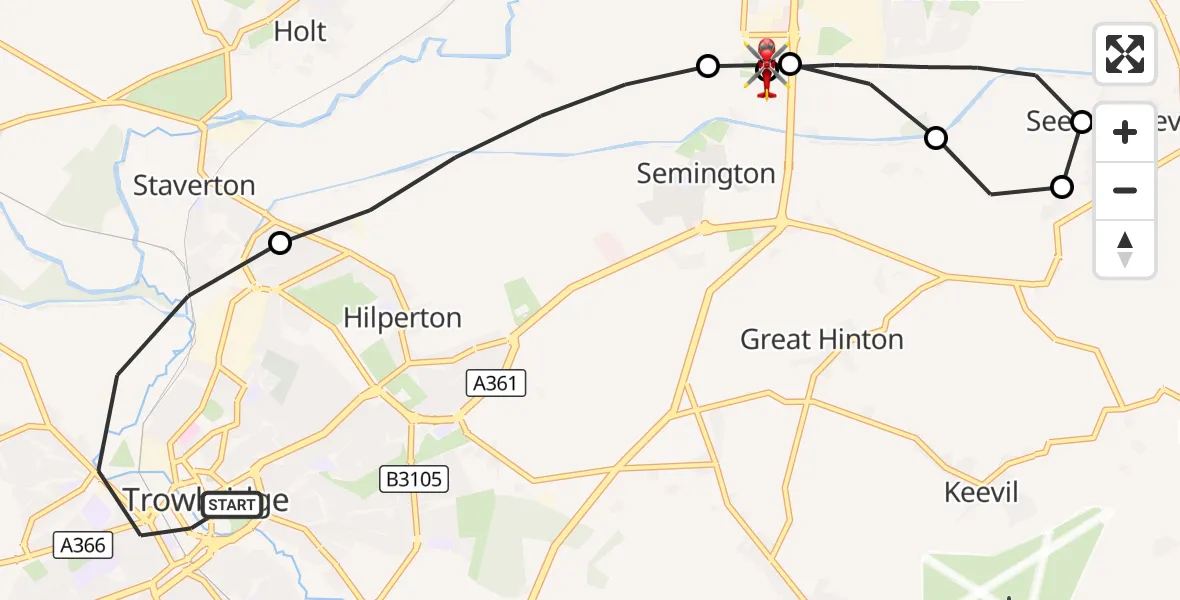 Flight route Air Ambulance Helicopter Trowbridge - Wiltshire Air Ambulance, 02 September 2026, 19:36