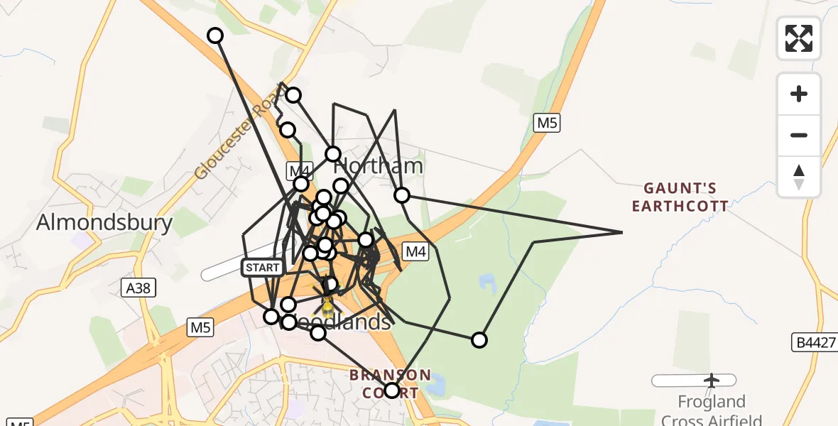 Flight route Police Helicopter Almondsbury Helicopter Base - Woodlands, 02 September 2026, 20:21