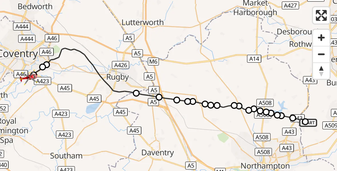 Flight route Air Ambulance Helicopter Sywell Aerodrome - Coventry Airport, 03 September 2026, 06:25