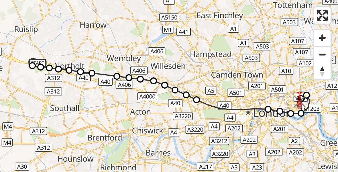 Flight route Air Ambulance Helicopter RAF Northolt - Royal London Hospital, 03 September 2026, 06:48