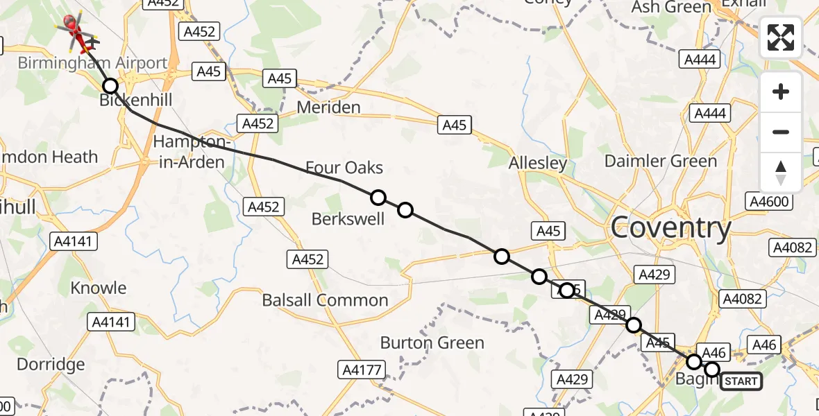 Flight route Air Ambulance Helicopter Coventry Airport - Birmingham Airport, 03 September 2026, 08:07