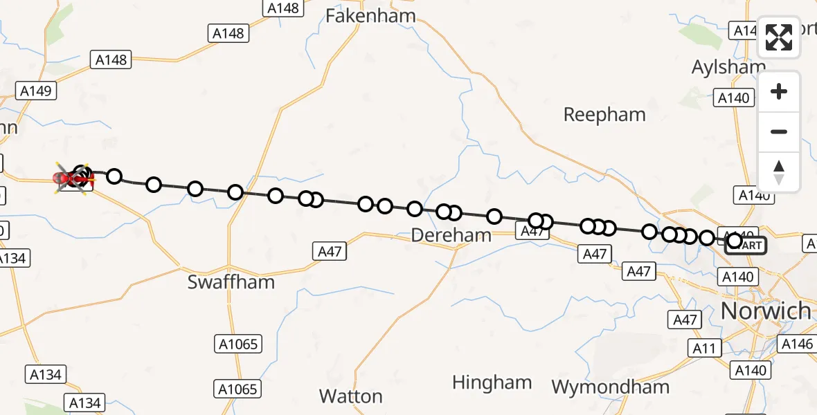 Flight route Air Ambulance Helicopter Norwich Airport - East Winch, 03 September 2026, 08:10