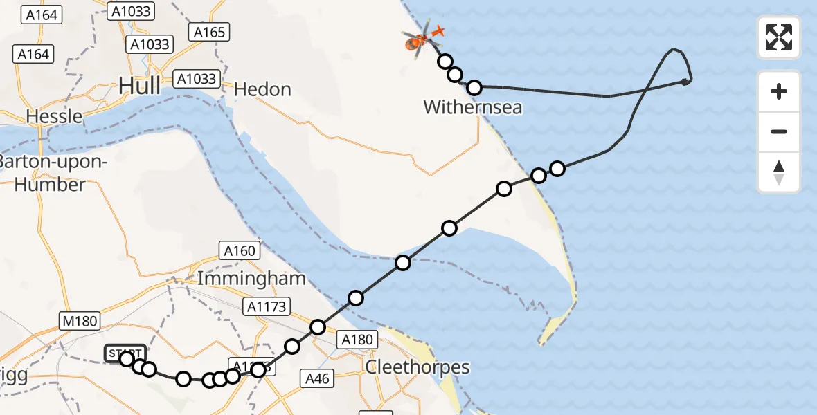 Flight route Coastguard Helicopter Humberside Airport - Roos, 03 September 2026, 08:29