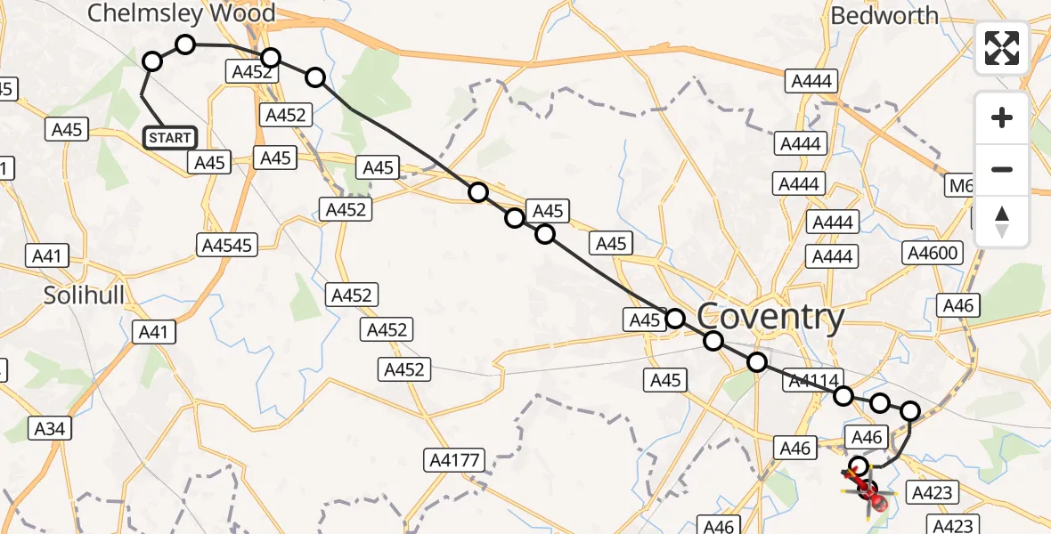 Flight route Air Ambulance Helicopter Birmingham Airport - Warwick, 03 September 2026, 08:57