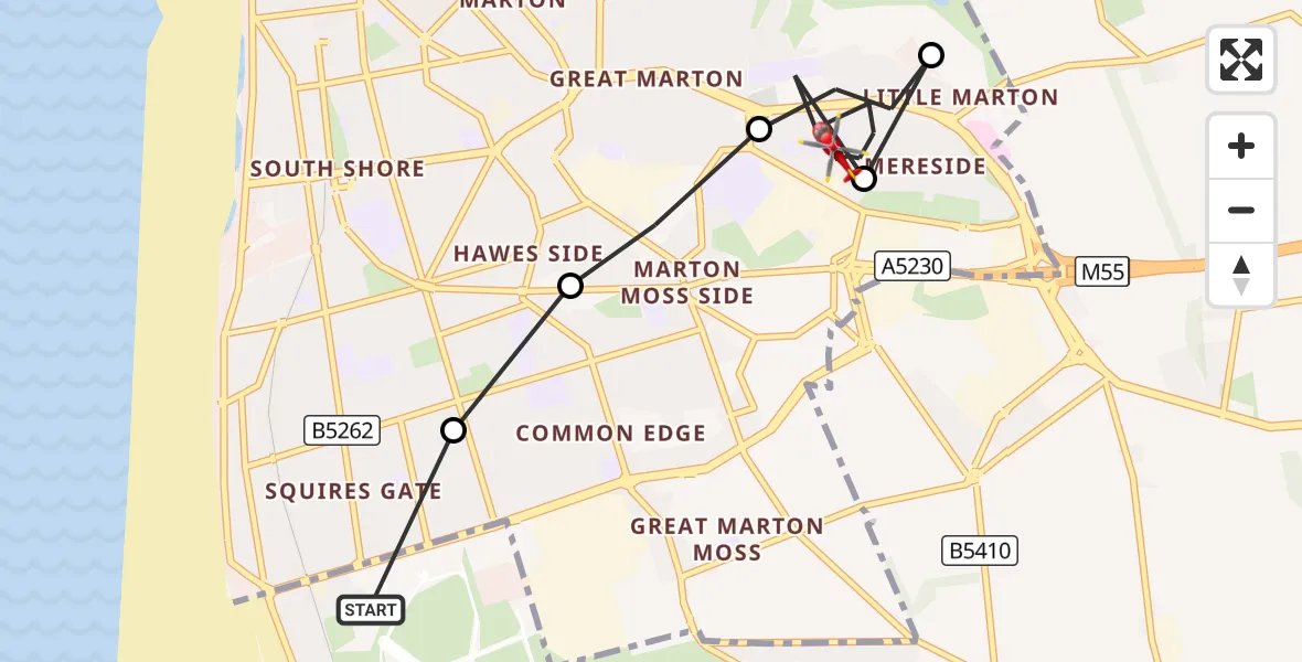 Flight route Air Ambulance Helicopter Blackpool Airport - Mereside, 03 September 2026, 09:11
