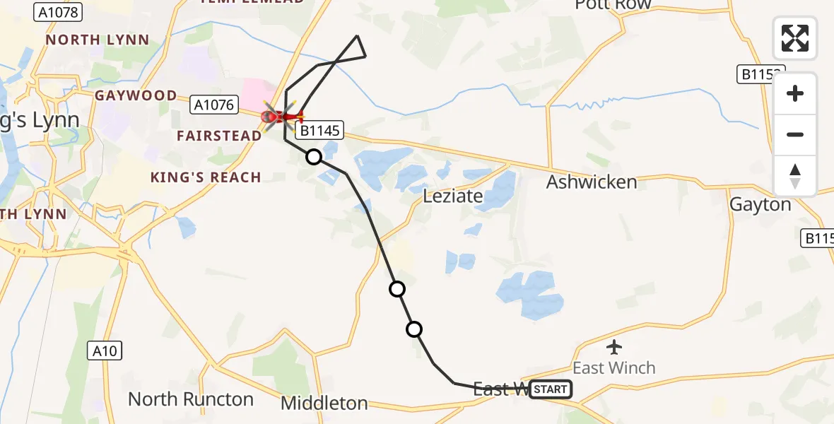 Flight route Air Ambulance Helicopter East Winch - King's Lynn and West Norfolk, 03 September 2026, 09:16