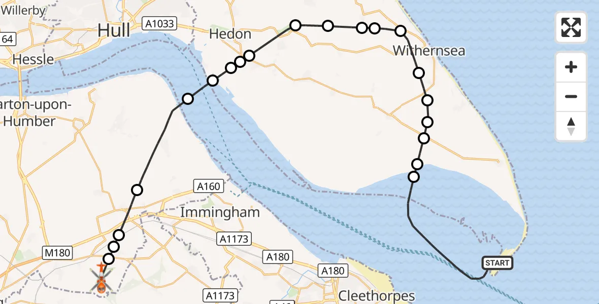 Flight route Coastguard Helicopter North Sea - Humberside Airport, 03 September 2026, 09:20