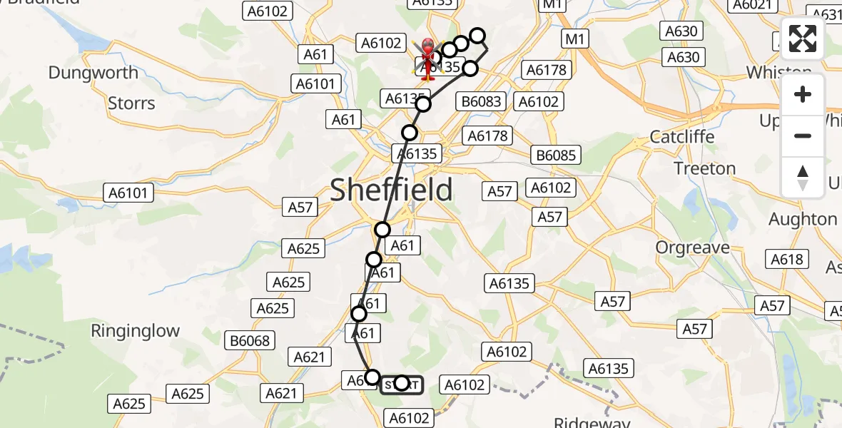 Flight route Air Ambulance Helicopter Norton Lees - Sheffield Northern Hospital, 03 September 2026, 09:30