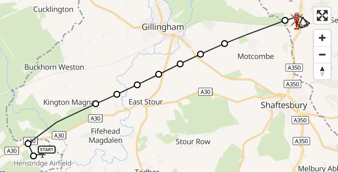 Flight route Air Ambulance Helicopter Henstridge Airfield - Sedgehill, 03 September 2026, 09:47