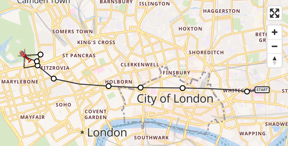 Flight route Air Ambulance Helicopter Royal London Hospital - City of Westminster, 03 September 2026, 09:58
