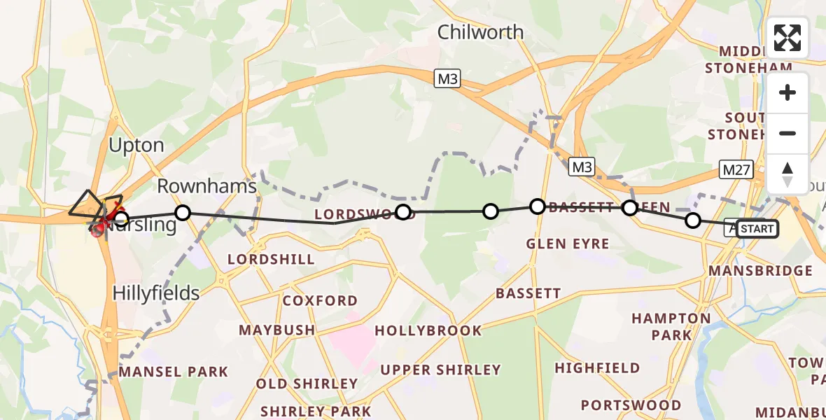 Flight route Air Ambulance Helicopter Mansbridge - Nursling, 03 September 2026, 10:00