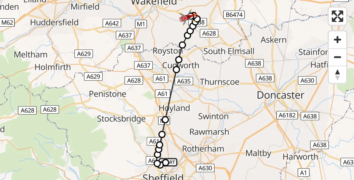 Flight route Air Ambulance Helicopter Sheffield Northern Hospital - YAA Nostell Helicopter Port, 03 September 2026, 10:17