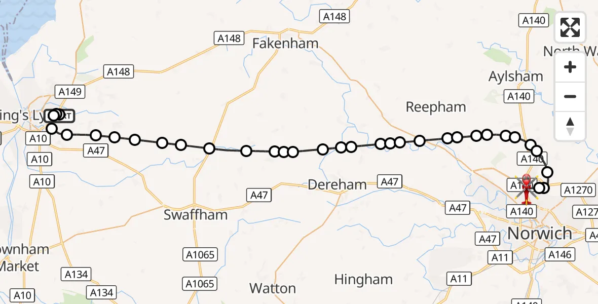Flight route Air Ambulance Helicopter Queen Elizabeth Hospital - Norwich Airport, 03 September 2026, 10:21