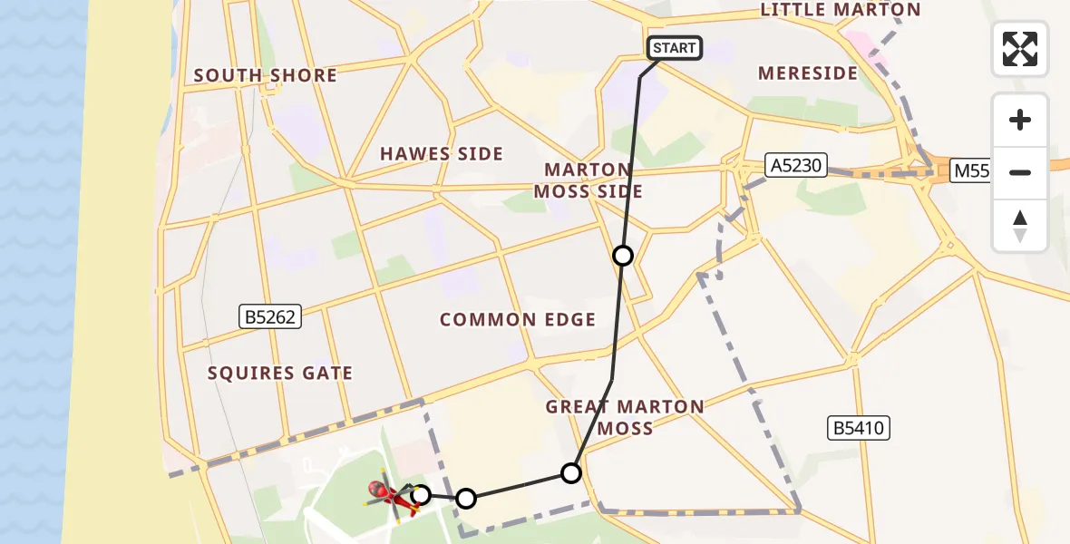 Flight route Air Ambulance Helicopter Blackpool - Blackpool Airport, 03 September 2026, 10:25