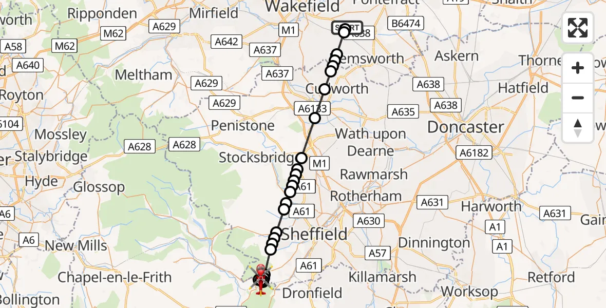 Flight route Air Ambulance Helicopter YAA Nostell Helicopter Port - Sheffield, 03 September 2026, 10:39