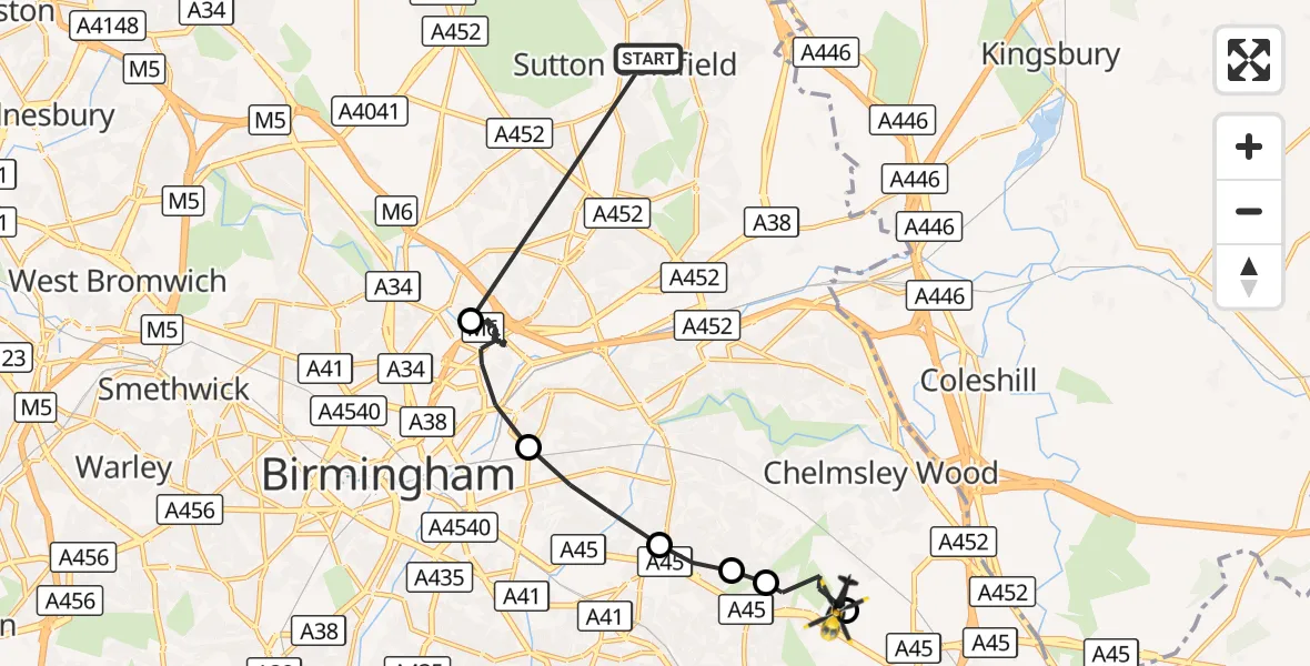 Flight route Police Helicopter Sutton Coldfield - Birmingham Airport, 03 September 2026, 10:43