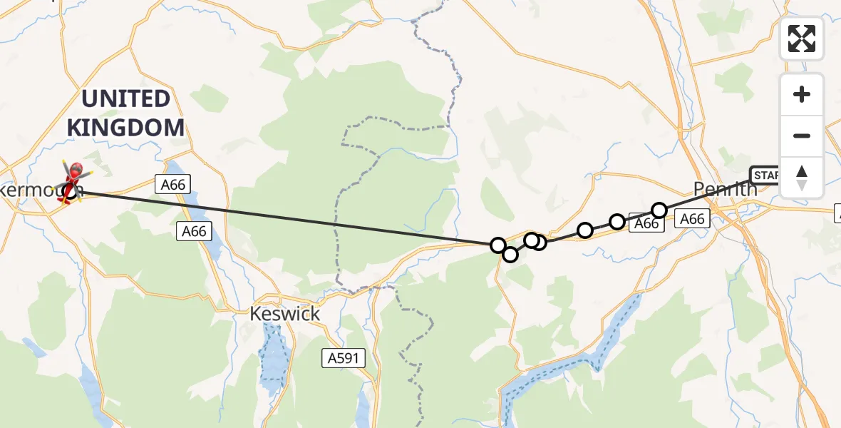 Flight route Air Ambulance Helicopter Penrith - Cockermouth, 03 September 2026, 10:51