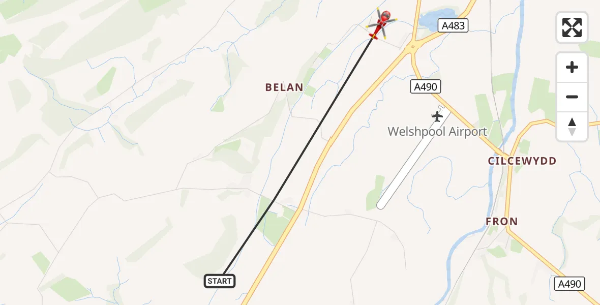 Flight route Air Ambulance Helicopter Welshpool - Welshpool, 03 September 2026, 10:52