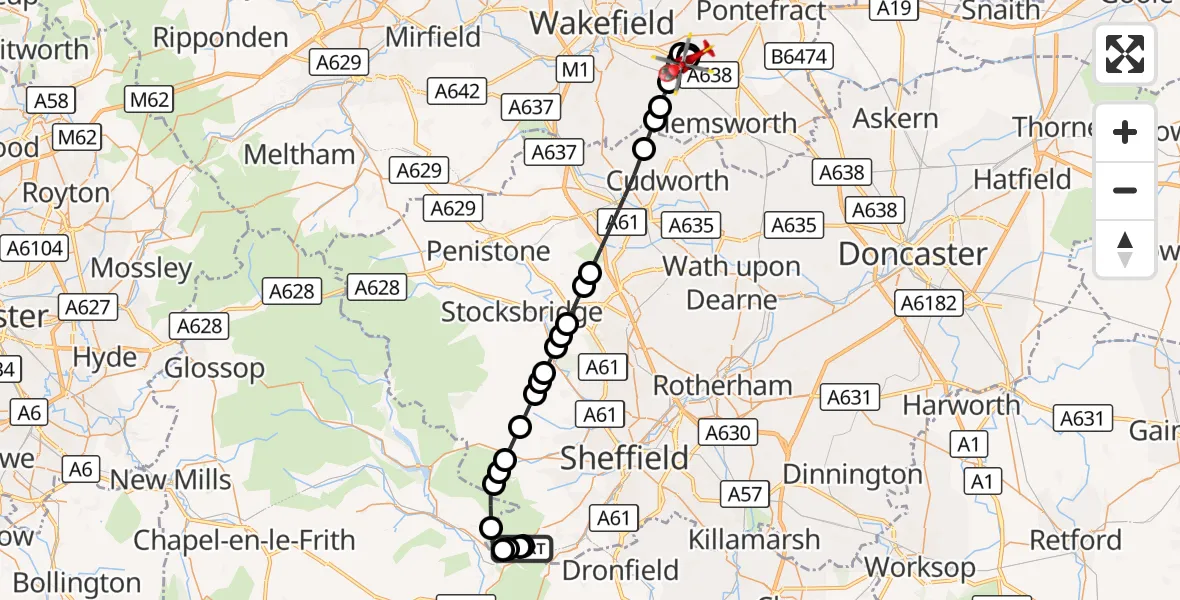 Flight route Air Ambulance Helicopter Sheffield - YAA Nostell Helicopter Port, 03 September 2026, 10:57