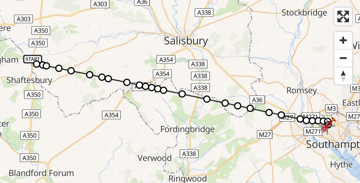 Flight route Air Ambulance Helicopter Sedgehill - University Hospital Southampton, 03 September 2026, 11:10