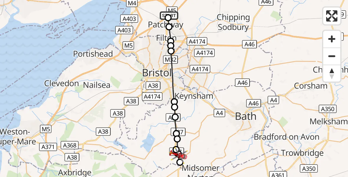Flight route Air Ambulance Helicopter Almondsbury Helicopter Base - Temple Cloud, 03 September 2026, 11:11
