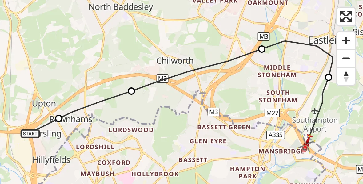 Flight route Air Ambulance Helicopter Nursling - Southampton Airport, 03 September 2026, 11:32