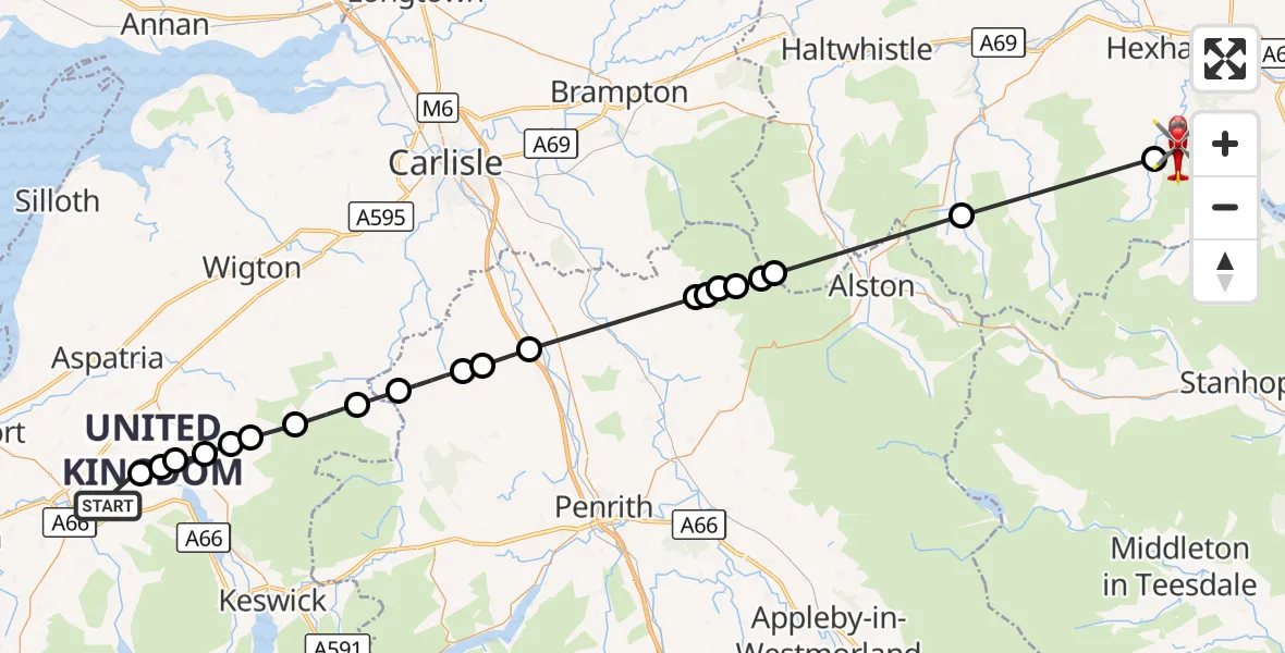 Flight route Air Ambulance Helicopter Cockermouth - Slaley, 03 September 2026, 11:57
