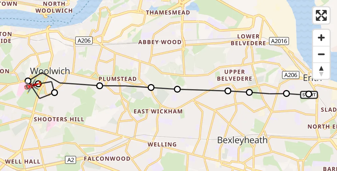 Flight route Air Ambulance Helicopter North End - Charlton, 03 September 2026, 12:06