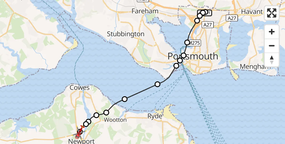 Flight route Air Ambulance Helicopter Queen Alexandra Hospital - St Marys Hospital Isle Of Wight, 03 September 2026, 12:15