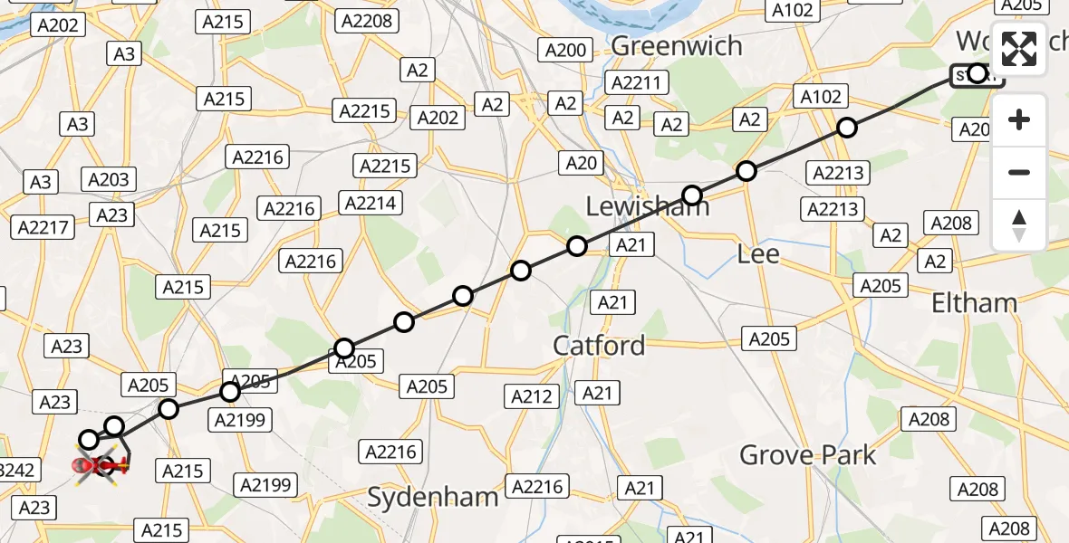 Flight route Air Ambulance Helicopter Charlton - Streatham Hill, 03 September 2026, 12:16