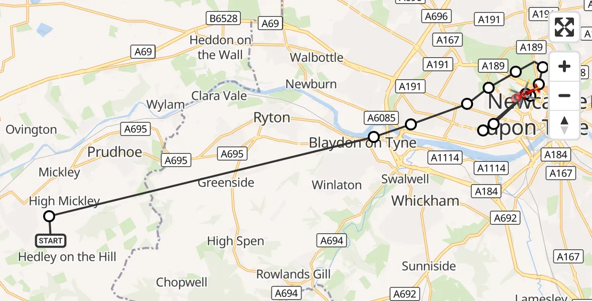 Flight route Air Ambulance Helicopter Hedley on the Hill - Newcastle Royal Victoria Infirmary, 03 September 2026, 12:16