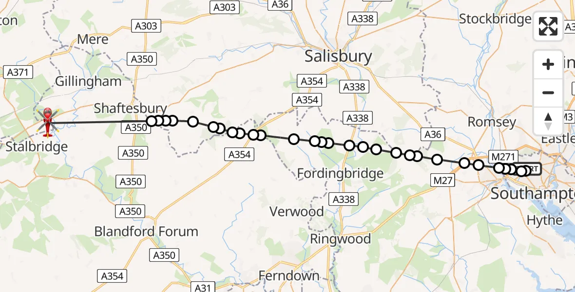 Flight route Air Ambulance Helicopter University Hospital Southampton - Henstridge Airfield, 03 September 2026, 12:21