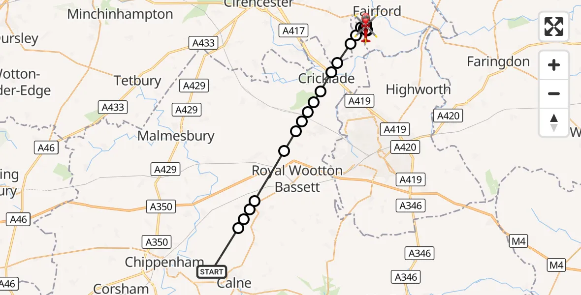 Flight route Air Ambulance Helicopter Bremhill - Fairford, 03 September 2026, 12:44