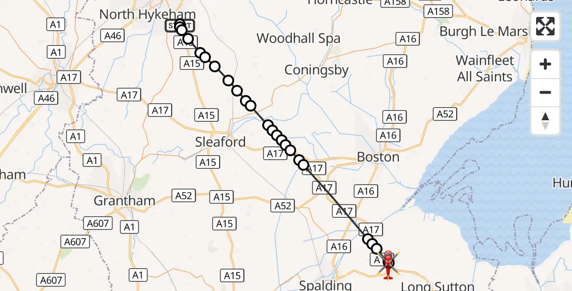 Flight route Air Ambulance Helicopter RAF Waddington - Holbeach CP, 03 September 2026, 12:43