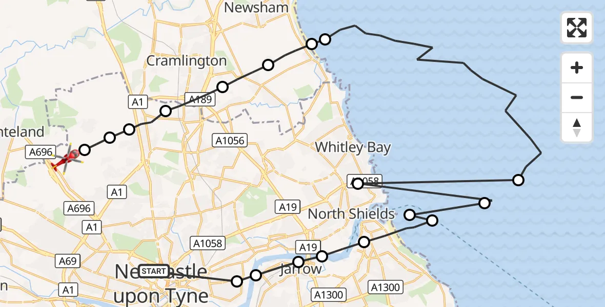 Flight route Air Ambulance Helicopter Newcastle Royal Victoria Infirmary - Newcastle International Airport, 03 September 2026, 12:59