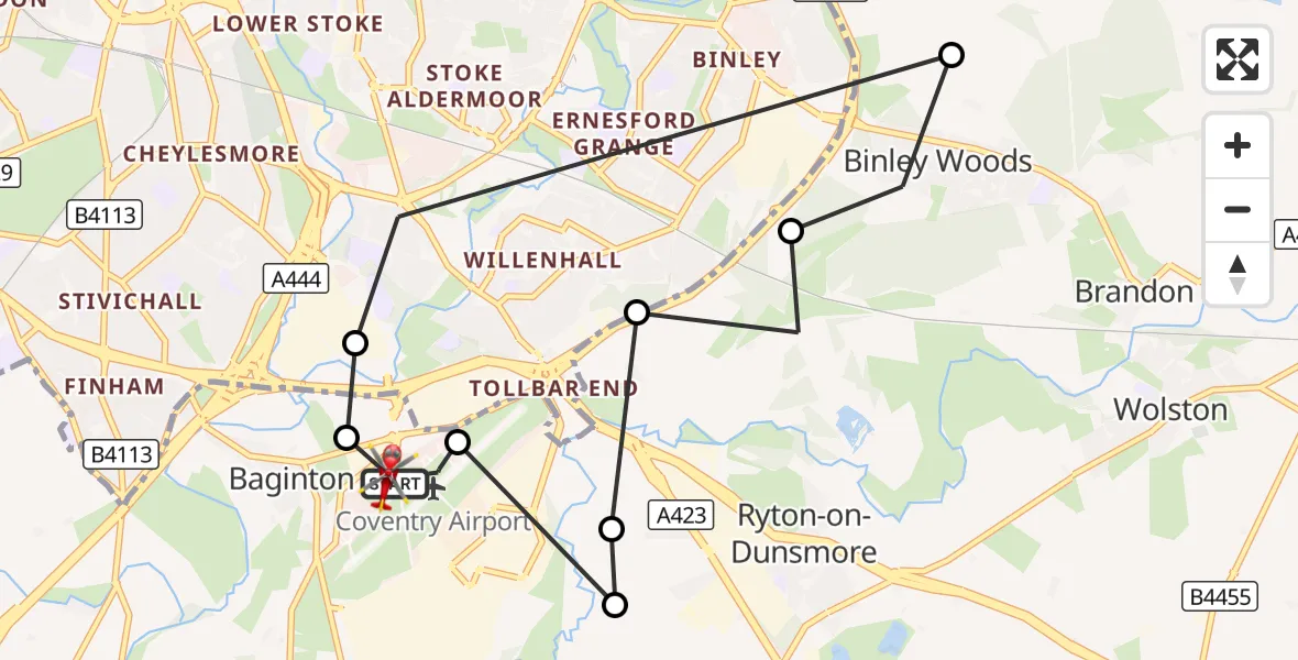 Flight route Air Ambulance Helicopter Coventry Airport - Coventry Airport, 03 September 2026, 13:00