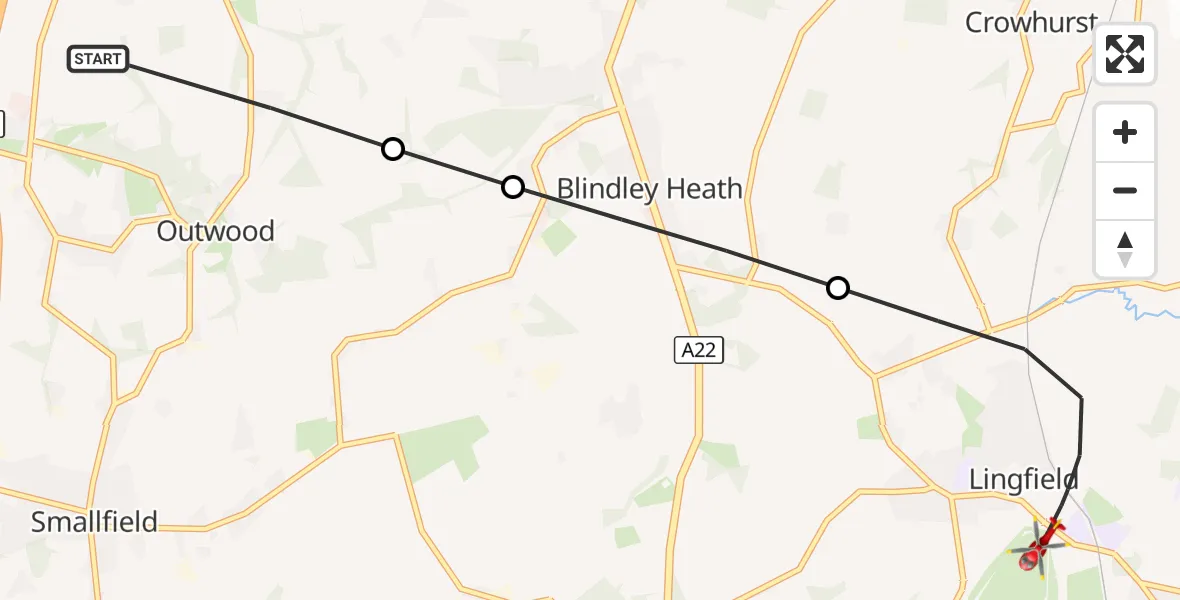 Flight route Air Ambulance Helicopter Outwood - Lingfield, 03 September 2026, 13:03