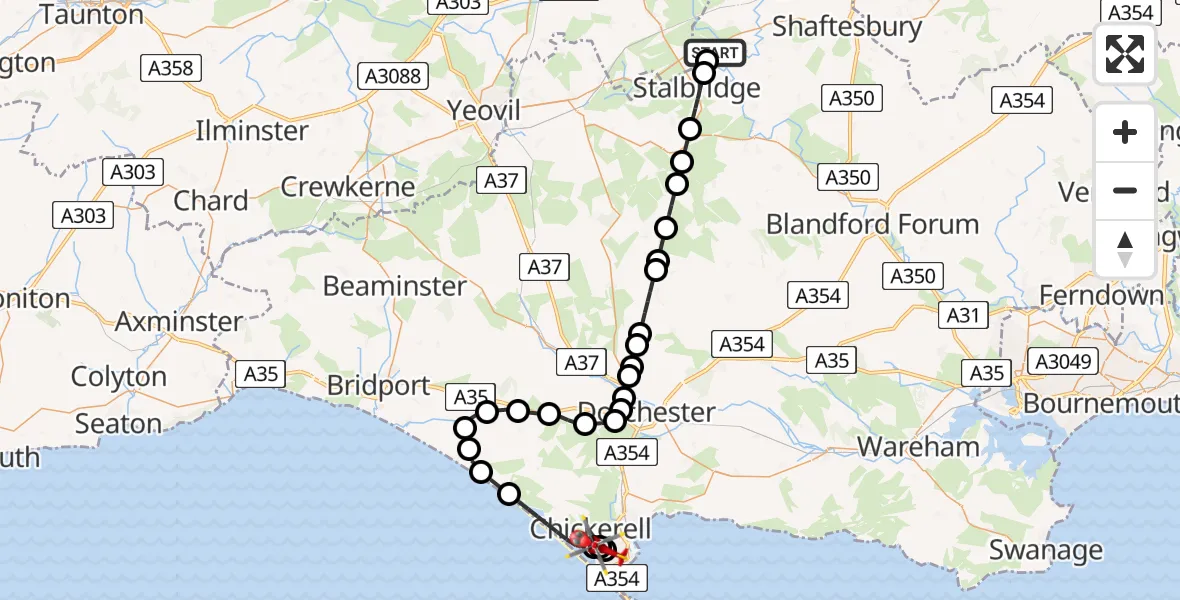 Flight route Air Ambulance Helicopter Henstridge Airfield - Chickerell, 03 September 2026, 13:03