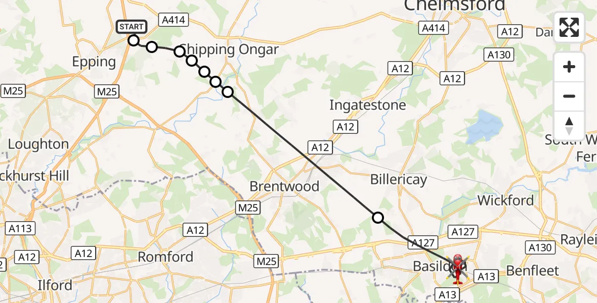 Flight route Air Ambulance Helicopter North Weald Airfield - Basildon, 03 September 2026, 13:07