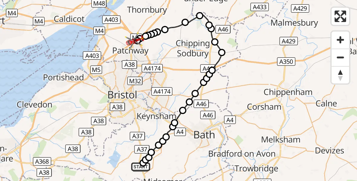 Flight route Air Ambulance Helicopter Temple Cloud - Almondsbury Helicopter Base, 03 September 2026, 13:16