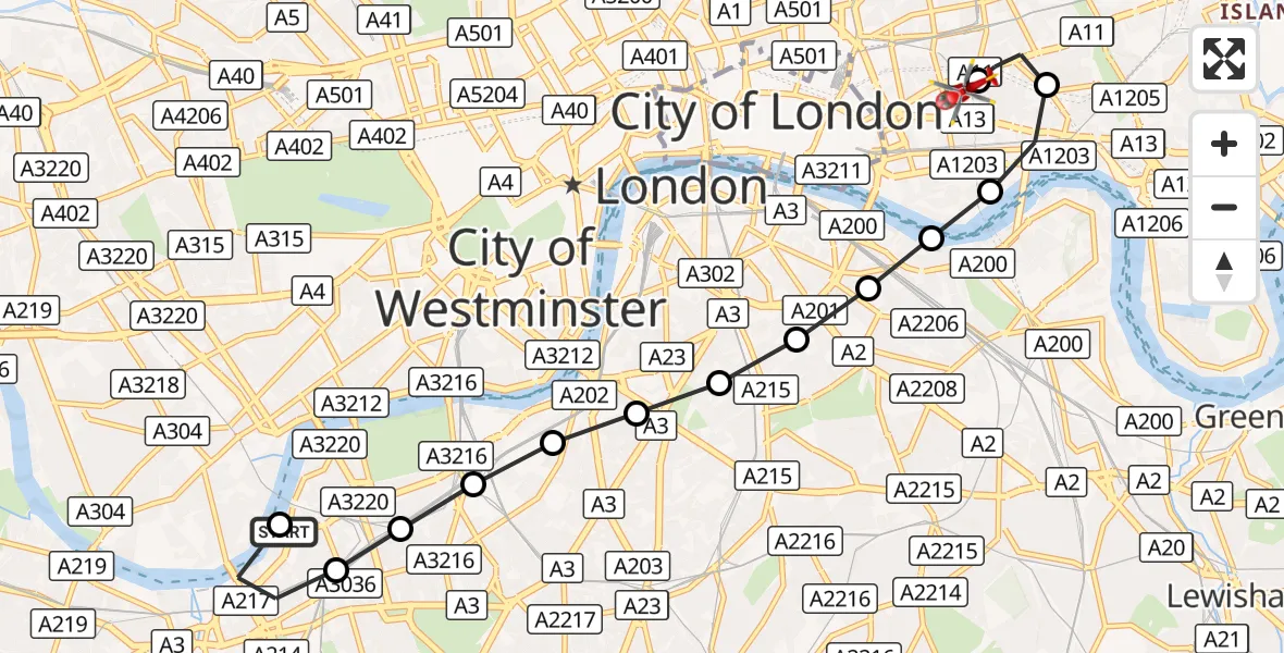 Flight route Air Ambulance Helicopter London Heliport - Royal London Hospital, 03 September 2026, 13:21