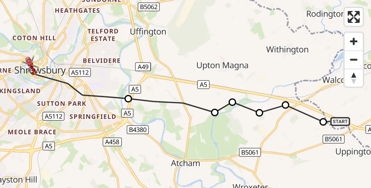 Flight route Air Ambulance Helicopter Wrockwardine - Shrewsbury, 03 September 2026, 13:28