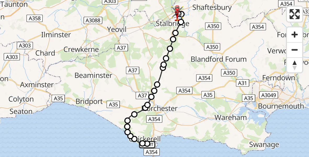 Flight route Air Ambulance Helicopter Weymouth - Henstridge Airfield, 03 September 2026, 13:30