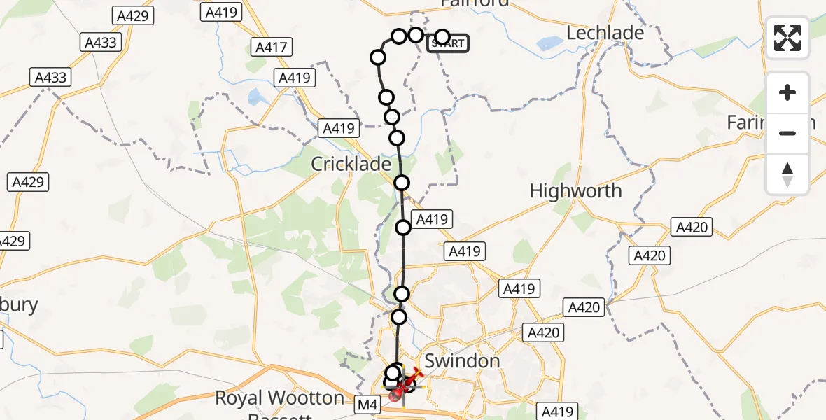 Flight route Air Ambulance Helicopter Fairford - Freshbrook, 03 September 2026, 13:44