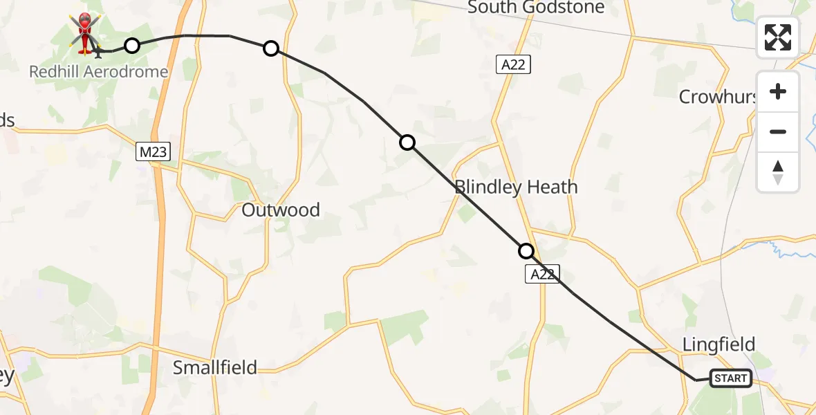 Flight route Air Ambulance Helicopter Lingfield - Redhill Aerodrome, 03 September 2026, 13:51